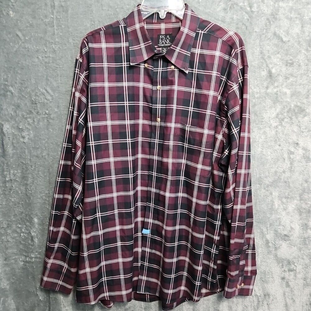 Jos A Bank Men's shirt Traveler XL Burgandy Plaid tailored fit cotton